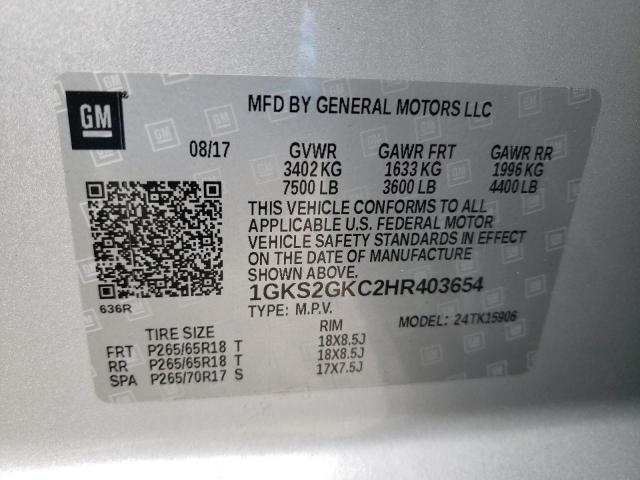 1GKS2GKC2HR403654 - 2017 GMC YUKON XL K1500 SLT SILVER photo 13