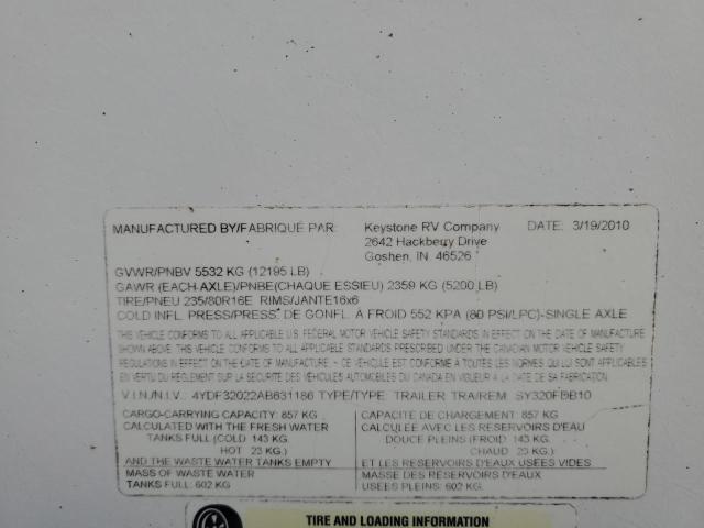 4YDF32022AB631186 - 2010 KEYSTONE OUTBACK WHITE photo 10