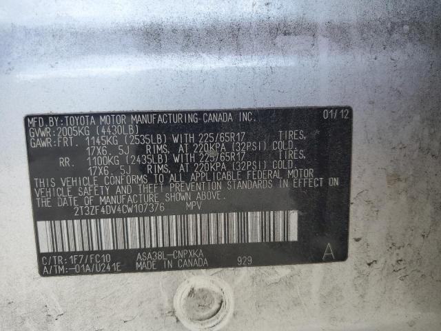 2T3ZF4DV4CW107376 - 2012 TOYOTA RAV4 SILVER photo 13