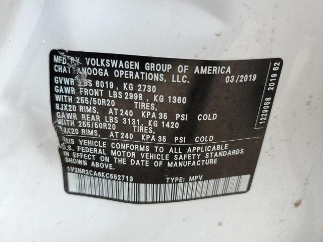 1V2NR2CA6KC552713 - 2019 VOLKSWAGEN ATLAS SEL PREMIUM WHITE photo 13