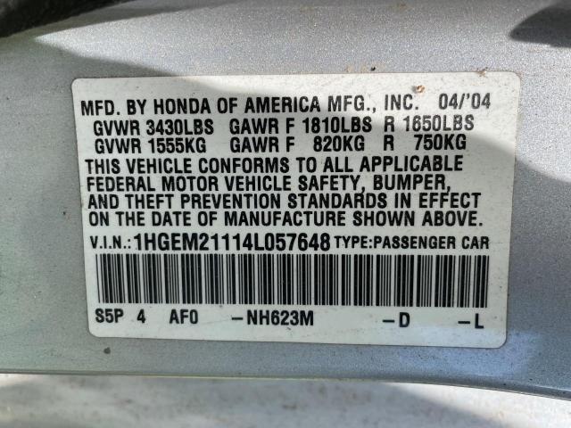 1HGEM21114L057648 - 2004 HONDA CIVIC DX VP Gümüş foto 10