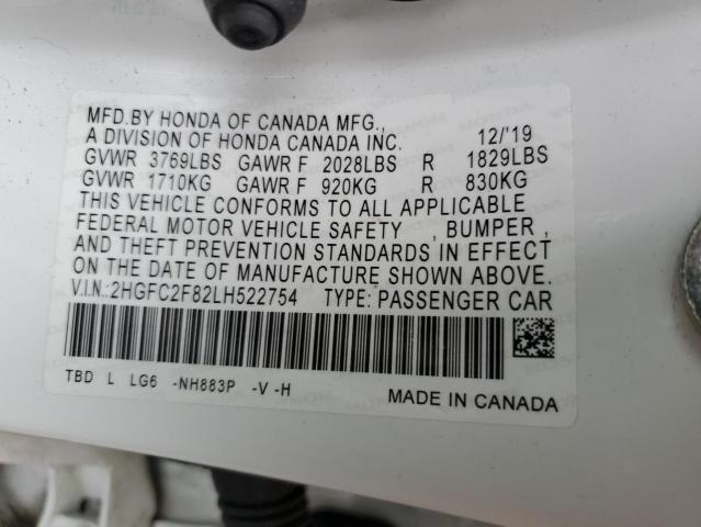 2HGFC2F82LH522754 - 2020 HONDA CIVIC SPORT 白色 照片 12