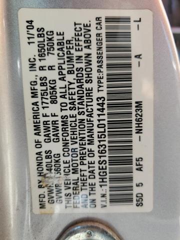 1HGES16315L011443 - 2005 HONDA CIVIC DX VP Gümüş foto 12