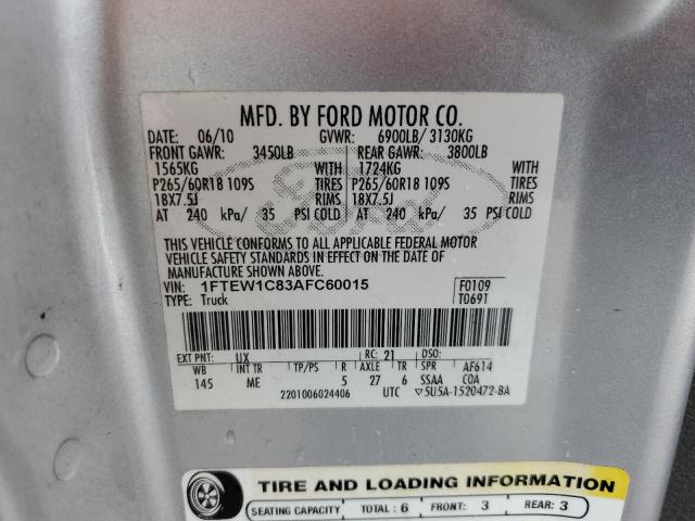 1FTEW1C83AFC60015 - 2010 FORD F150 SUPERCREW SILVER photo 12