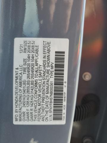 5FNYF8H57NB000361 - 2022 HONDA PASSPORT EXL GRAY photo 13