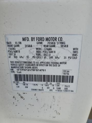 1FTPW12V78FB14761 - 2008 FORD F150 SUPERCREW WHITE photo 12