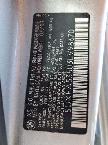 5UXFA53503LV98670 - 2003 BMW X5 3.0I SILVER photo 12