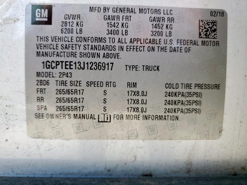 1GCPTEE13J1236917 - 2018 CHEVROLET COLORADO ZR2 WHITE photo 12