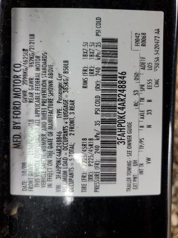 3FAHP0KC4AR248846 - 2010 FORD FUSION SPORT BLACK photo 12