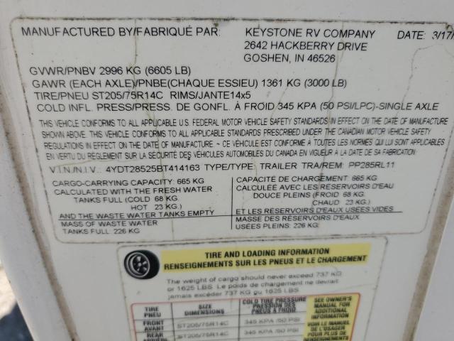 4YDT28525BT414163 - 2011 KEYSTONE PASSPORT WHITE photo 10