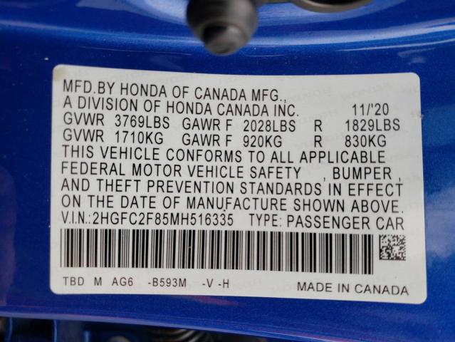 2HGFC2F85MH516335 - 2021 HONDA CIVIC SPORT 蓝色 照片 12