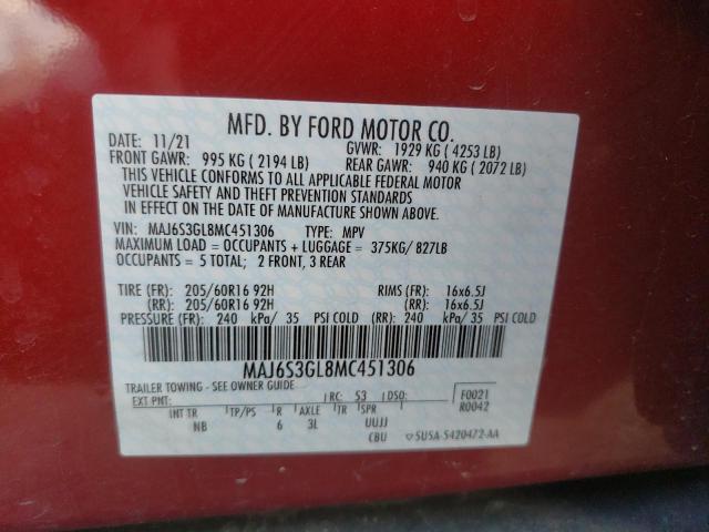 MAJ6S3GL8MC451306 - 2021 FORD ECOSPORT SE RED photo 13