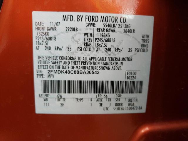 2FMDK48C88BA36543 - 2008 FORD EDGE SEL ORANGE photo 12