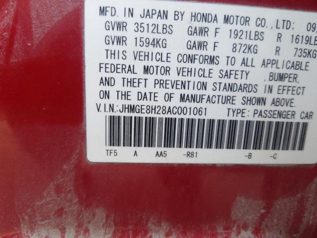 JHMGE8H28AC001061 - 2010 HONDA FIT RED photo 10