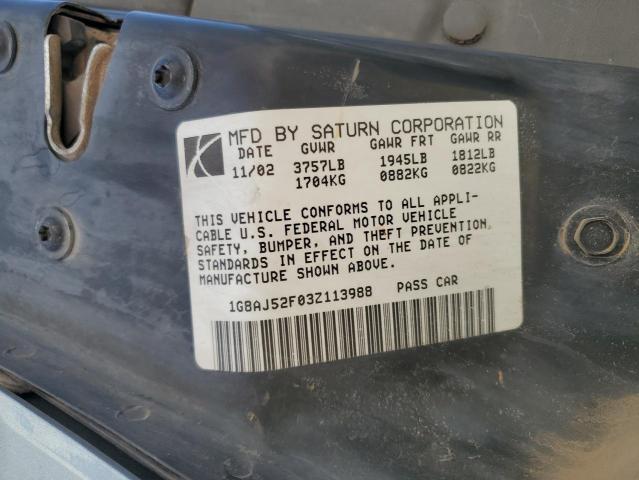 1G8AJ52F03Z113988 - 2003 SATURN ION LEVEL 2 BLUE photo 12
