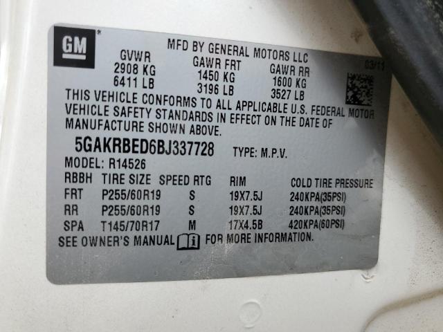 5GAKRBED6BJ337728 - 2011 BUICK ENCLAVE CXL WHITE photo 12