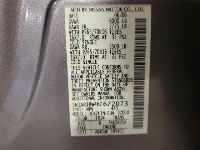5N1AR18W46C672073 - 2006 NISSAN PATHFINDER LE 银色 照片 13