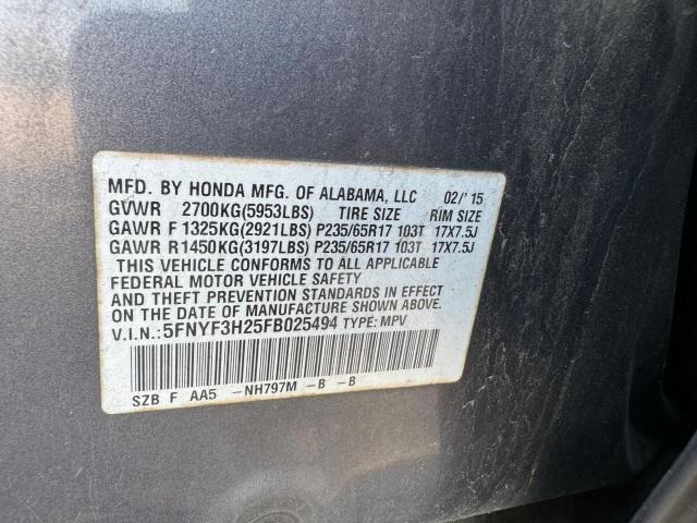 5FNYF3H25FB025494 - 2015 HONDA PILOT LX GRAY photo 10