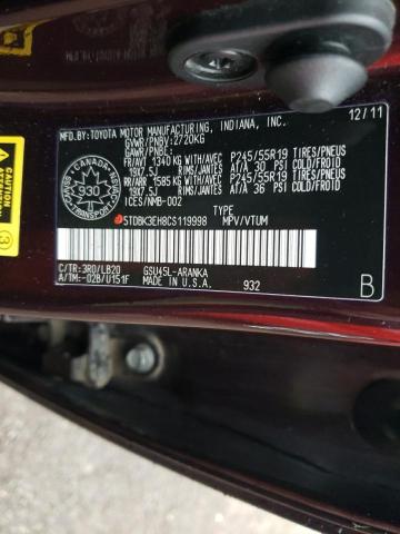 5TDBK3EH8CS119998 - 2012 TOYOTA HIGHLANDER BASE BURGUNDY photo 13