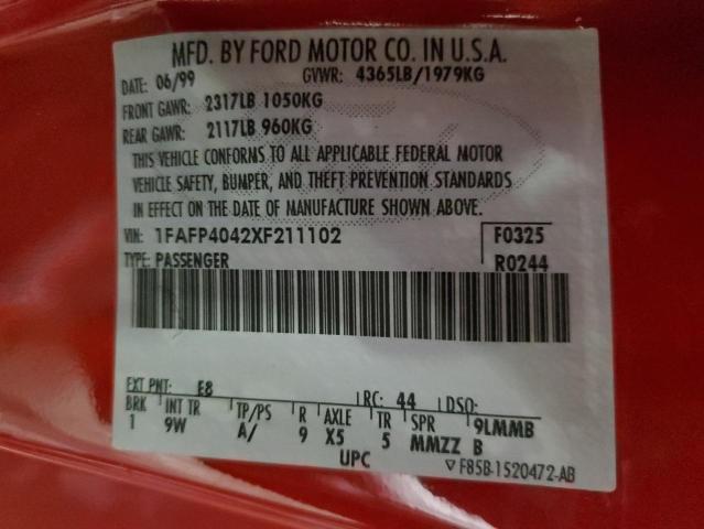1FAFP4042XF211102 - 1999 FORD MUSTANG RED photo 12