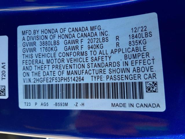 2HGFE2F53PH514264 - 2023 HONDA CIVIC SPORT 蓝色 照片 12