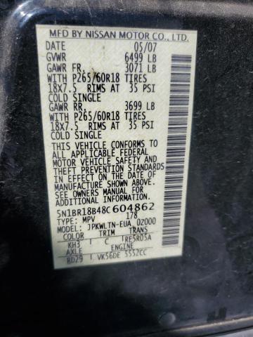 5N1BR18B48C604862 - 2008 NISSAN PATHFINDER LE შავი ფოტო 14