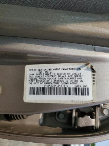 1Y1SK528X1Z437872 - 2001 CHEVROLET GEO PRIZM BASE BEIGE photo 12