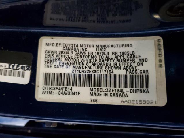 2T1LR32E83C117154 - 2003 TOYOTA COROLLA MA BASE BLUE photo 12