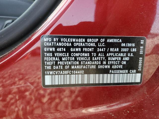 1VWCV7A36FC104402 - 2015 VOLKSWAGEN PASSAT SEL Բորդո լուսանկար 12