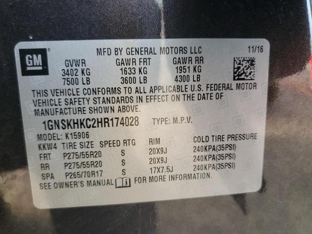 1GNSKHKC2HR174028 - 2017 CHEVROLET SUBURBAN K1500 LT GRAY photo 13