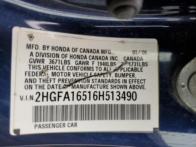 2HGFA16516H513490 - 2006 HONDA CIVIC LX BLUE photo 12