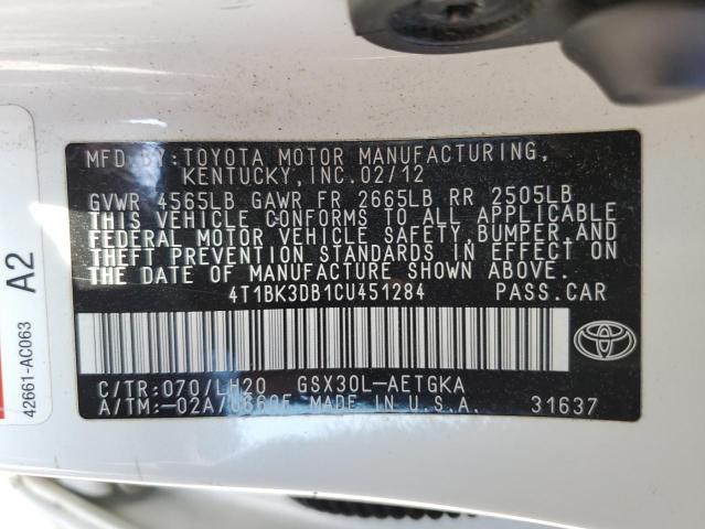 4T1BK3DB1CU451284 - 2012 TOYOTA AVALON BASE WHITE photo 13