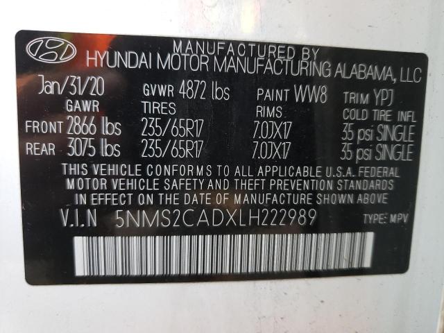 5NMS2CADXLH222989 - 2020 HYUNDAI SANTA FE SE WHITE photo 12