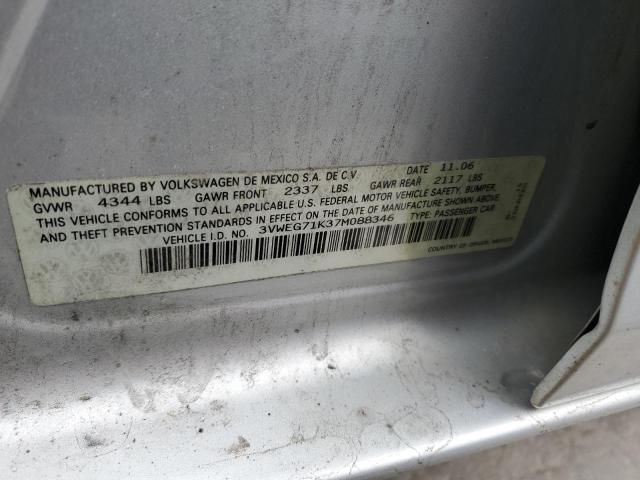 3VWEG71K37M088346 - 2007 VOLKSWAGEN JETTA WOLFSBURG 银色 照片 12
