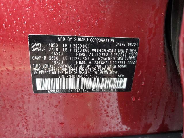4S4BTAMC5N3138239 - 2022 SUBARU OUTBACK LIMITED RED photo 13