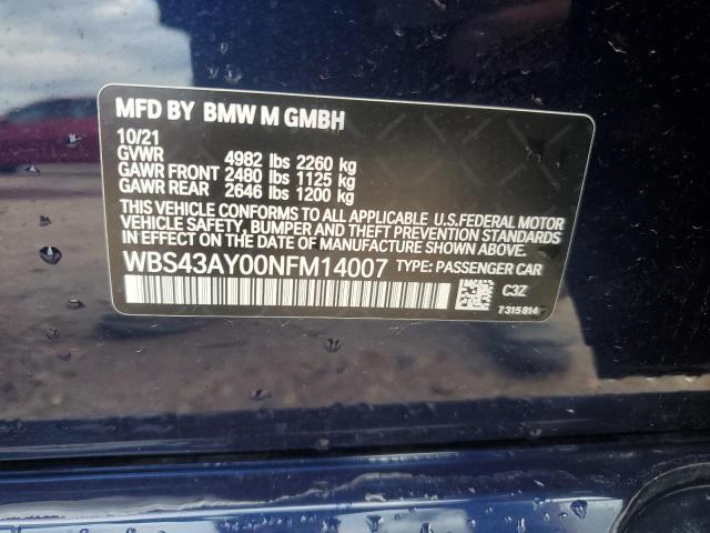 WBS43AY00NFM14007 - 2022 BMW M3 COMPETITION BLUE photo 12