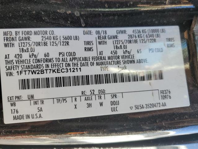 1FT7W2BT7KEC31211 - 2019 FORD F250 SUPER DUTY BLACK photo 12
