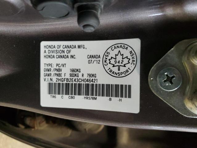 2HGFB2E43CH046421 - 2012 HONDA CIVIC LX GRAY photo 12