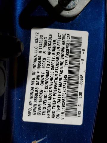 19XFB2F57CE341345 - 2012 HONDA CIVIC LX ლურჯი ფოტო 12