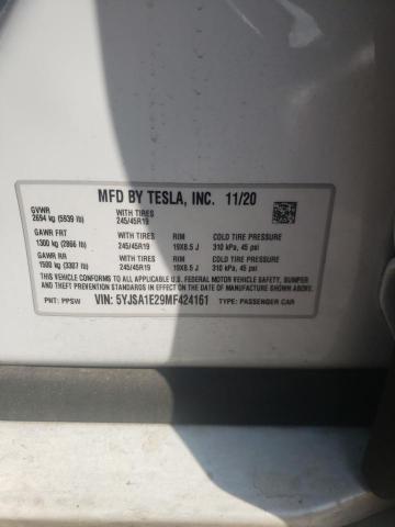 5YJSA1E29MF424161 - 2021 TESLA MODEL S Սպիտակ լուսանկար 10