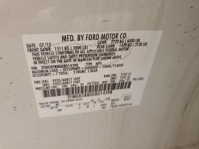 2FMGK5B80DBD14398 - 2013 FORD FLEX SE WHITE photo 12