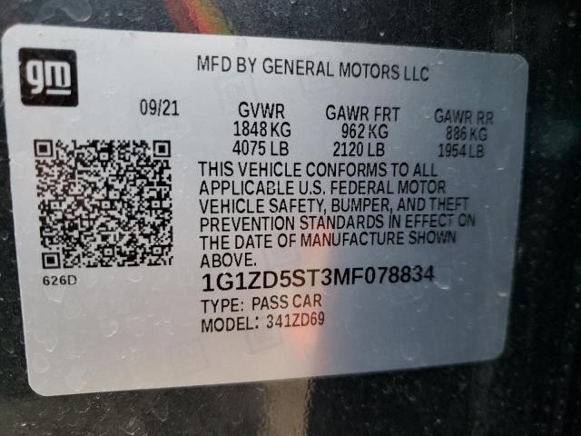 1G1ZD5ST3MF078834 - 2021 CHEVROLET MALIBU LT CHARCOAL photo 12