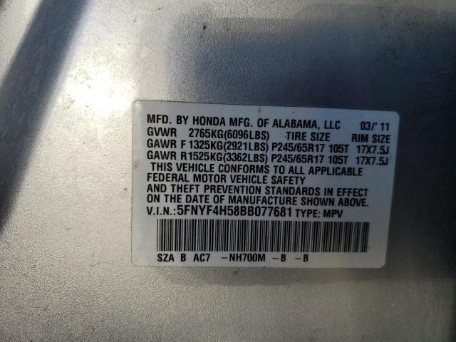 5FNYF4H58BB077681 - 2011 HONDA PILOT EXL SILVER photo 13