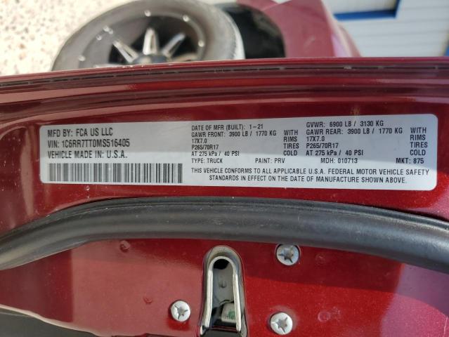1C6RR7TT0MS516405 - 2021 RAM 1500 CLASS SLT 勃艮第红 照片 12