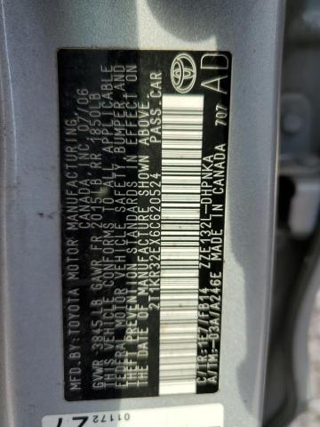 2T1KR32EX6C620524 - 2006 TOYOTA COROLLA MA XR SILVER photo 12