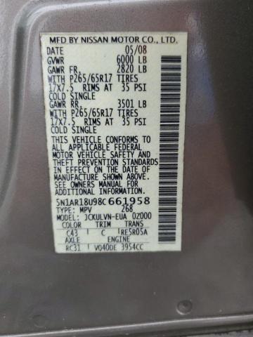5N1AR18U98C661958 - 2008 NISSAN PATHFINDER S 金色 照片 13
