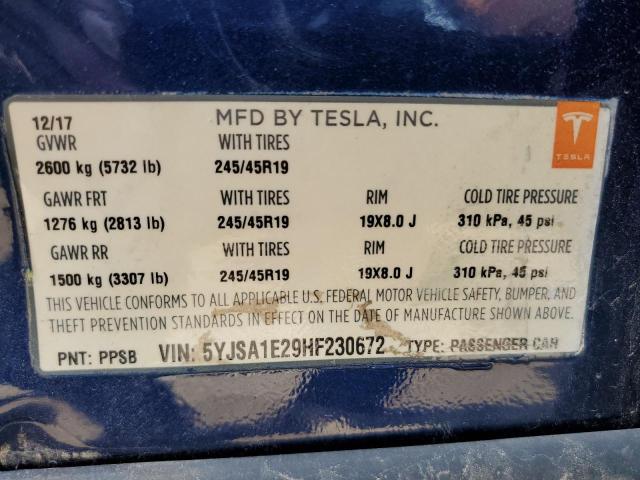 5YJSA1E29HF230672 - 2017 TESLA MODEL S Mavi foto 12