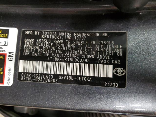 4T1BK46K48U060799 - 2008 TOYOTA CAMRY LE CHARCOAL photo 12