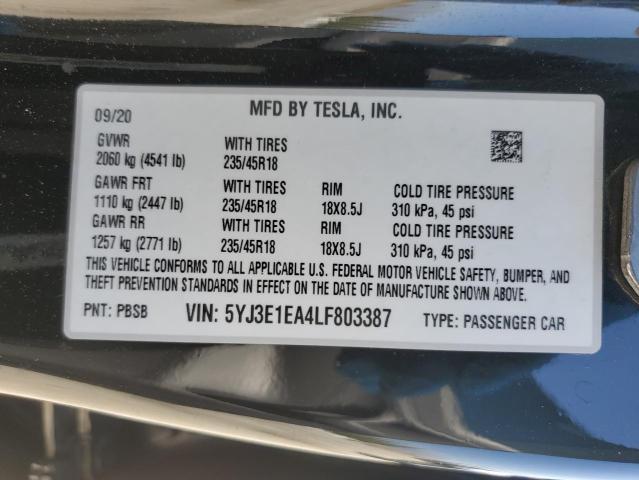 5YJ3E1EA4LF803387 - 2020 TESLA MODEL 3 BLACK photo 12