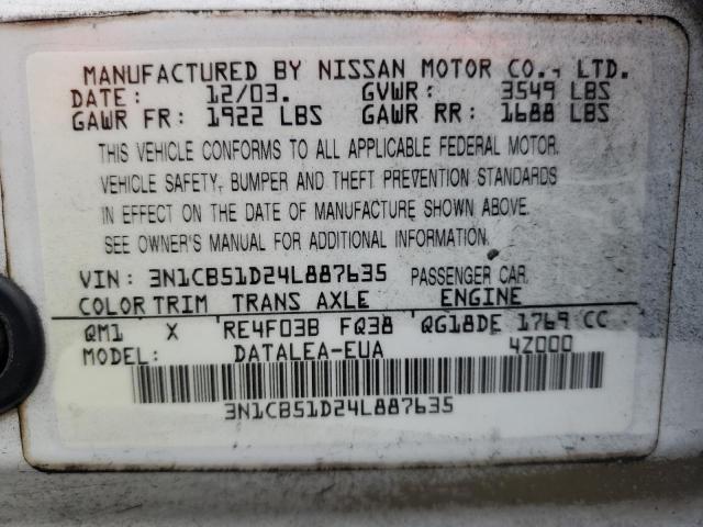 3N1CB51D24L887635 - 2004 NISSAN SENTRA 1.8 WHITE photo 12